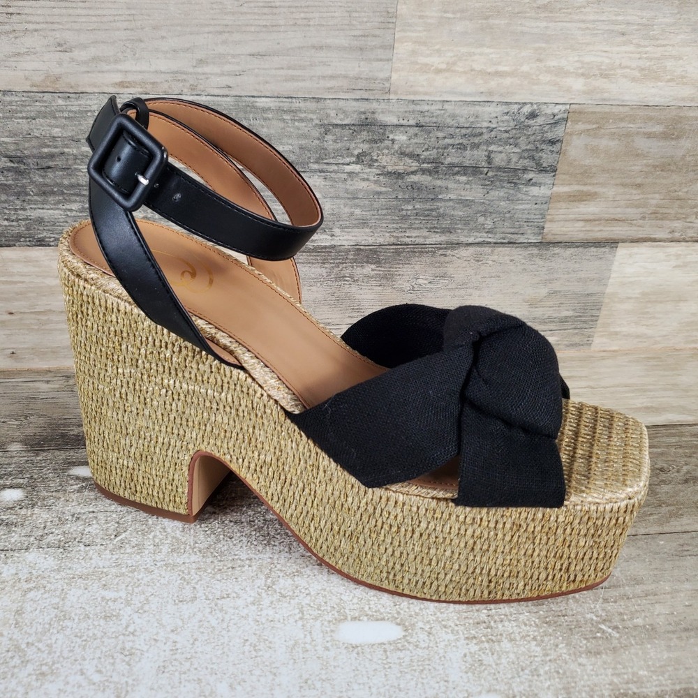 Sam Edelman Theresa 2 Womens Wedge Sandals Sz 10.5 M Black Linen Ankle Strap